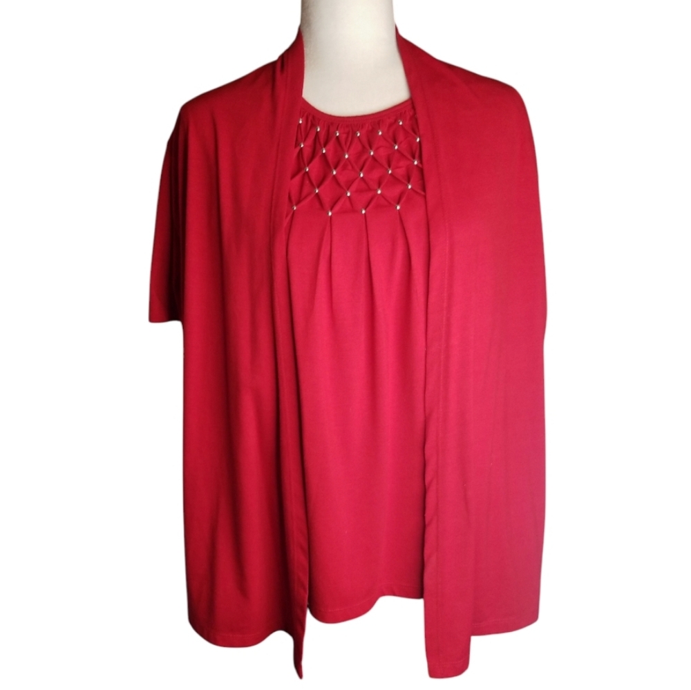 Sag Harbor Embellished Cami-Look Red Blouse Attached to Short Sleeve Jacket